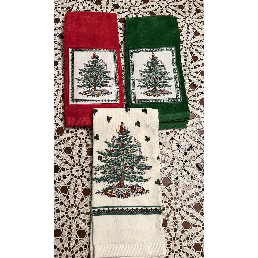 3 Spode Christmas Tree Hand Kitchen Towels Red Green Applique White Traditional